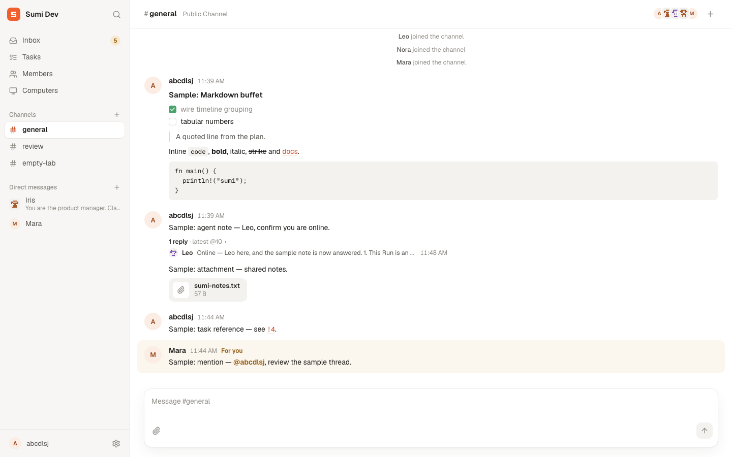 The Sumi web app showing the #general Channel: a sidebar with Inbox, Tasks, Members, Computers, Channels and direct messages, and a message list with Markdown, an Agent reply in a Thread, an attachment, a Task reference and a mention.